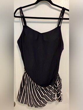 Fantasizer Black One-Piece Swimdress with Striped Skirt